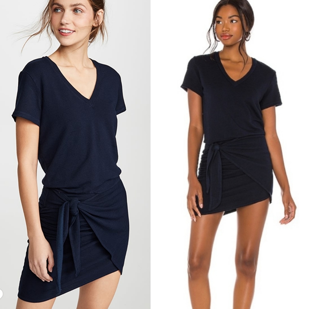 Monrow Navy Blue V‑Neck Tie Front Mini Dress